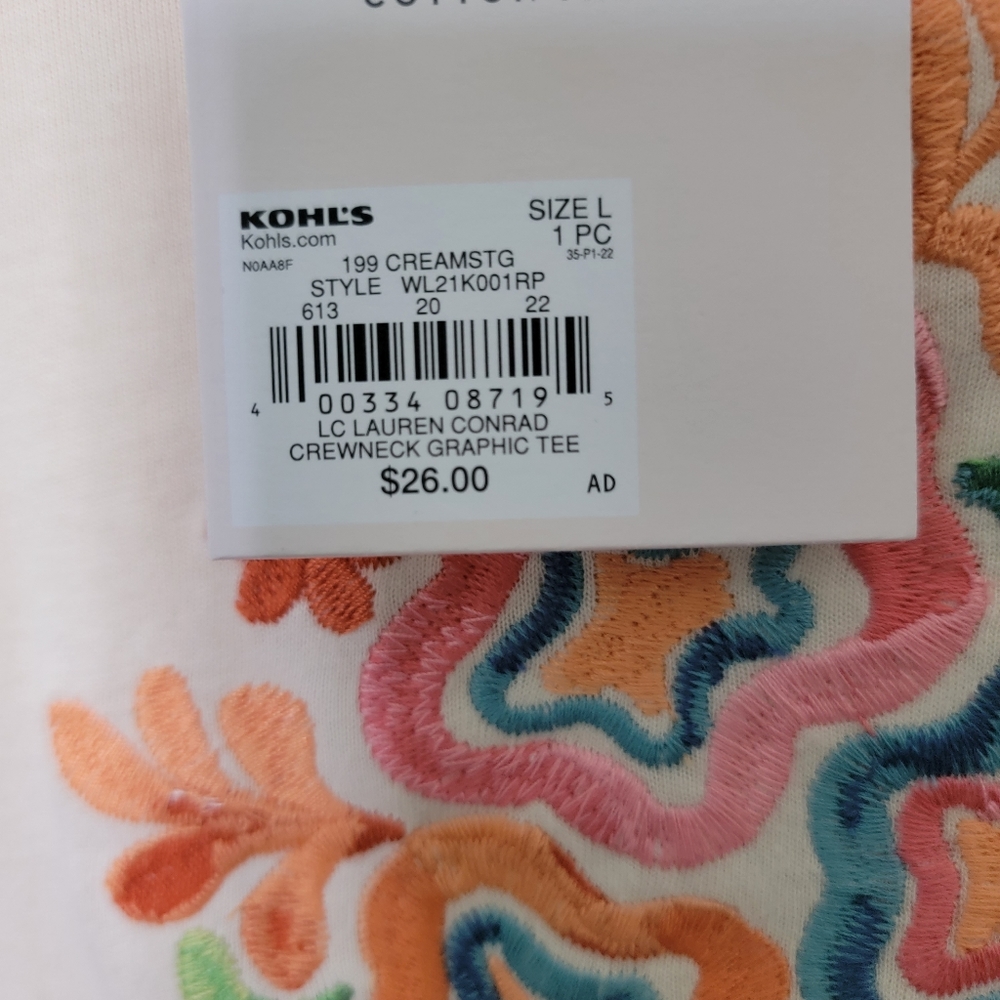 LC Lauren Conrad Crewneck Graphic Embroidered Tee Size Large - Picture 3 of 9